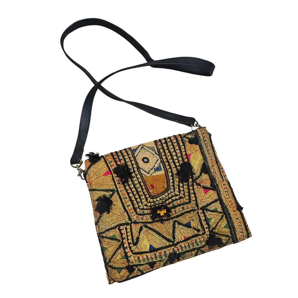 Crossbody Bag Womens Medium Black Gold Embroidered Artisan Boho Tassel Leather